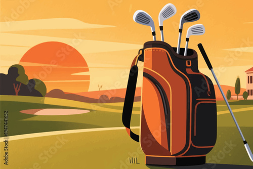 Orange and black golf bag with clubs on course at sunset, sand bunker and clubhouse in background, stylized vector illustration of sport equipment and serene landscape.