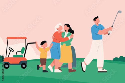 Multigenerational family enjoying golf course, man swinging club, women embracing, child holding hands, golf cart in background, stylized vector illustration of leisure and togetherness.