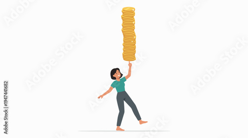 Young woman balancing a tall stack of gold coins