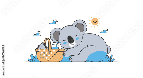 Cute Koala Sleeping Next to Picnic Basket in Sunny Weather.