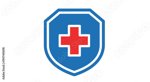 A vibrant blue shield vector graphic featuring a bold red cross symbol for medical protection and healthcare design.