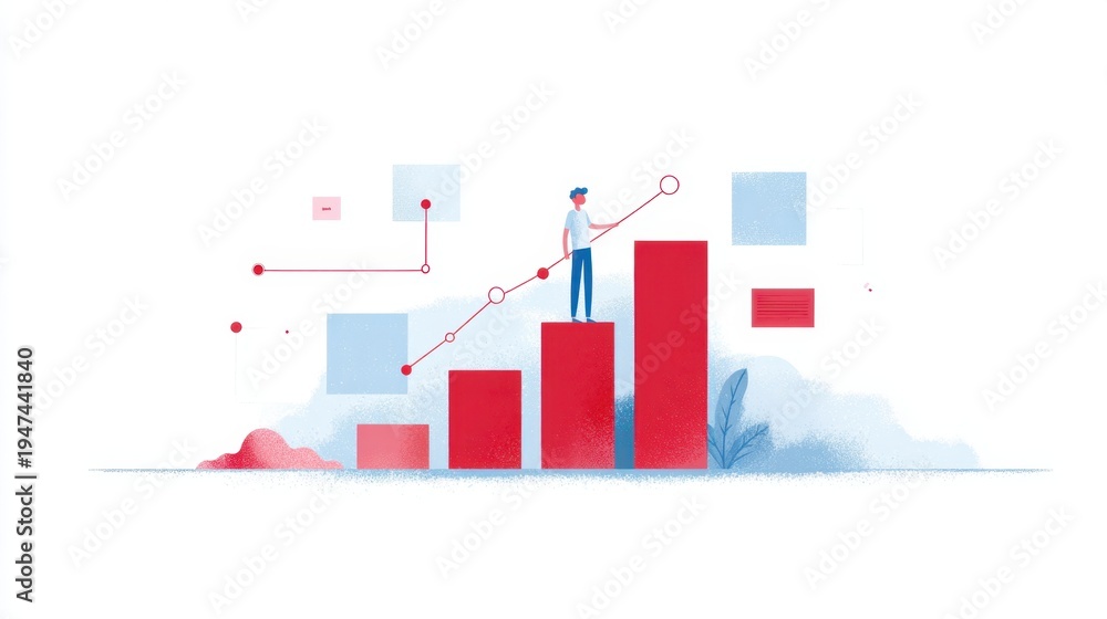 Fototapeta premium Business Growth Concept with Bar Chart and Character, Data Visualization, and Trend Analysis Using Animated Graphics
