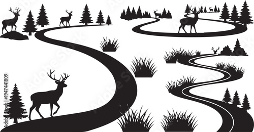 Deer Silhouettes on Winding Road in Forest Landscape Scene
