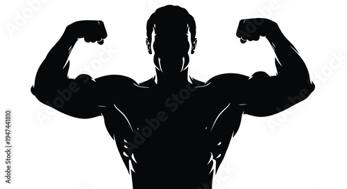 Powerful male bodybuilder silhouette vector graphic flexing large biceps in a strong pose