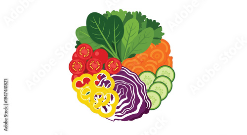 Vibrant vector illustration of a healthy fresh salad bowl filled with colorful sliced vegetables for balanced nutrition and wellness