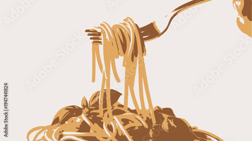 Classic spaghetti pasta with savory brown sauce and leaves lifted by a fork