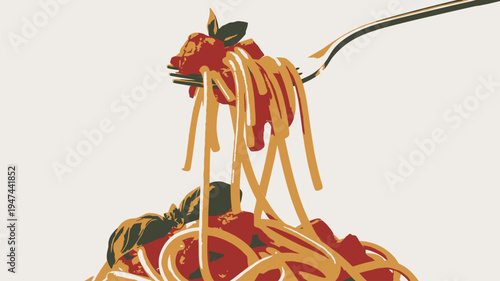 Delicious spaghetti pasta with rich red tomato sauce and fresh basil on a fork