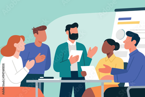 Five business professionals in office meeting, one presenting with tablet while colleagues listen around table, presentation board in background, stylized vector illustration of teamwork.