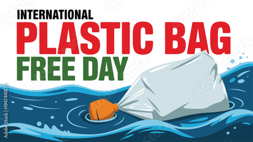 Environmental graphic for International Plastic Bag Free Day showing a discarded plastic bag in blue ocean water