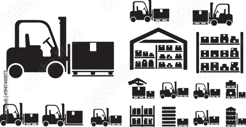 Forklift icons and warehouse symbols in black silhouette style