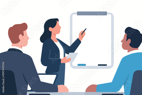 Three business professionals in office setting, one presenting with tablet and pen at flip chart while two colleagues listen, stylized vector illustration of teamwork and strategy.