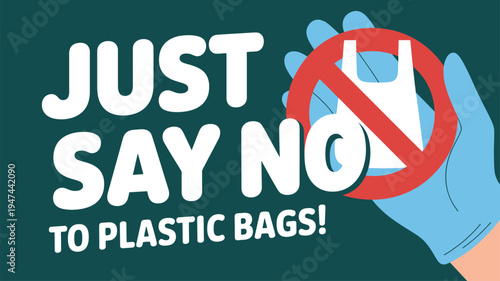 Hand in blue glove holding red prohibition sign over plastic bag