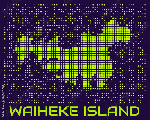 Waiheke Island dots map. New Zealand. Digital style boundary shape. Waiheke Island map and title lime colored square dots with round corners. Vibrant Vector Illustration.