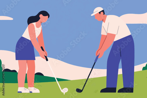 Two golfers on course with clubs, one preparing to hit ball on tee while other observes, stylized vector illustration of outdoor sport, leisure and interaction.