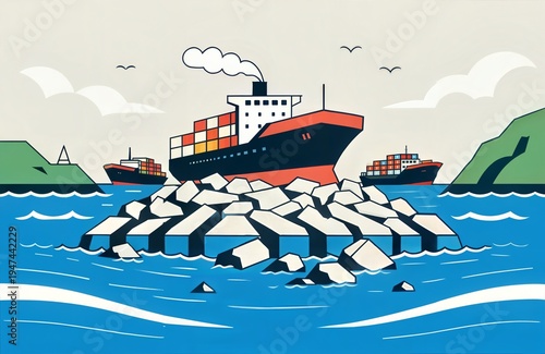 A container ship navigating through ice in the ocean. Global shipping and supply chain logistics concept. Flat illustration of maritime transport challenges