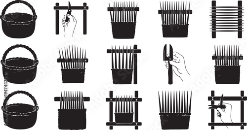 Gardening tools and plant care icons in black and white