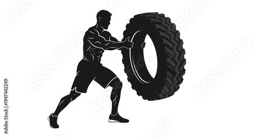 Muscular athlete performing a tire flip exercise, a powerful vector graphic illustration for fitness designs