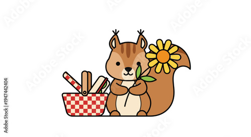 Cute Squirrel with Flower and Picnic Basket Illustration.