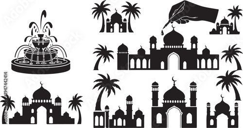 Islamic Architecture Silhouettes with Palm Trees and Fountains Collection