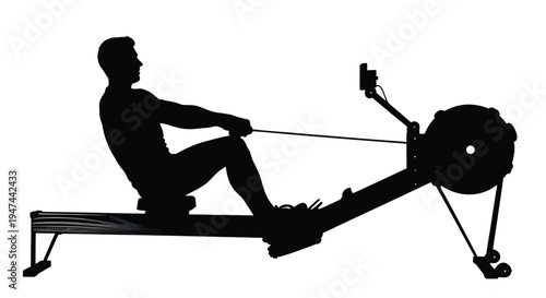 Dynamic male silhouette vector illustration of a person actively exercising on an indoor rowing machine.