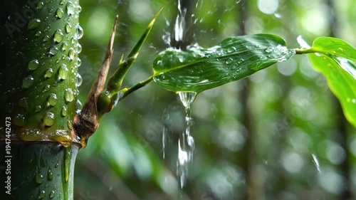 Raindrops falling on fresh green bamboo stalk and leaf