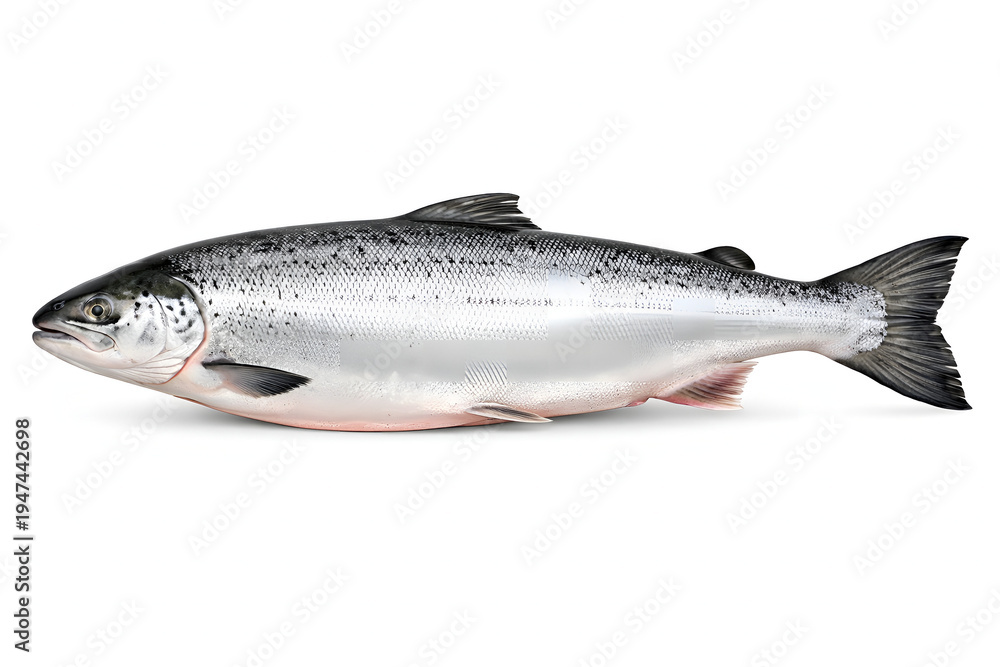 Obraz premium Fresh salmon fish on white background raw seafood ready for cooking or market sale healthy food concept with silver and black scales