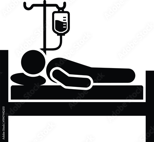 hospital patient bed icon, intravenous IV drip treatment symbol, healthcare medical care illustration, hospitalized patient vector sign