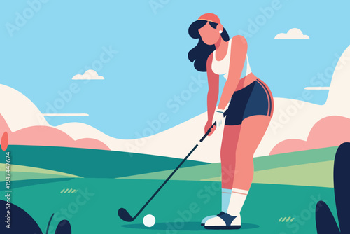 Golfer in stance preparing to swing on green course with hills and clouds, stylized vector illustration of outdoor sport, leisure and modern lifestyle.