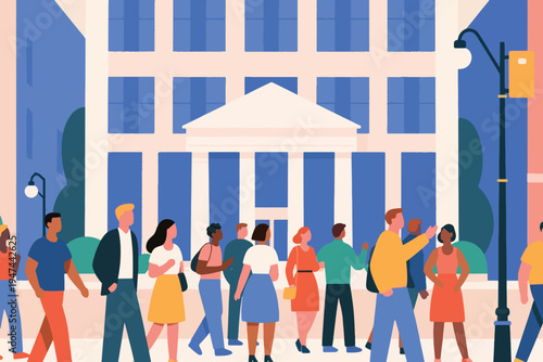 Group of diverse people walking and interacting in front of classical building with columns and pediment, stylized vector illustration of urban life and community engagement.