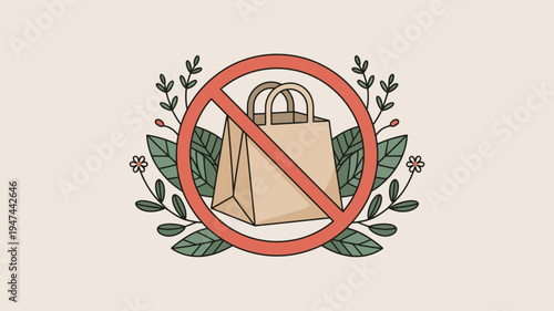 No plastic bag symbol with a paper shopping bag and leafy green frame