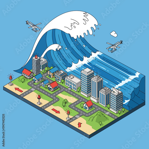 Isometric illustration depicting a city being overwhelmed by a massive tsunami wave, with helicopters.