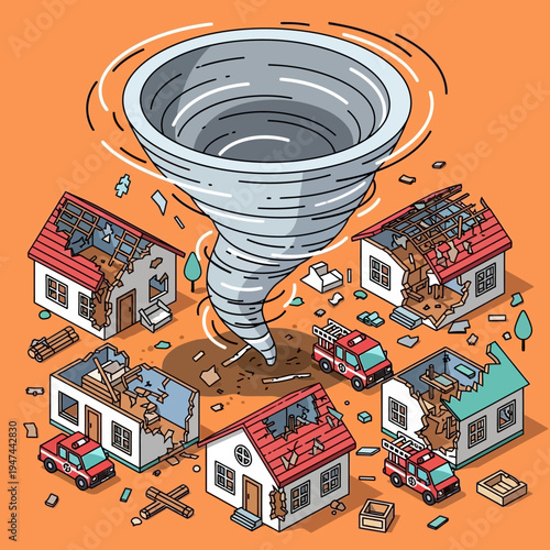 Isometric illustration of a tornado destroying houses and causing damage to the environment.