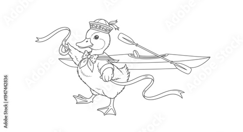 Duck Ready for Kayaking Adventure with Paddle and Ribbon.