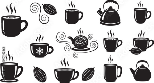 Black and white coffee cups and teapots illustration set