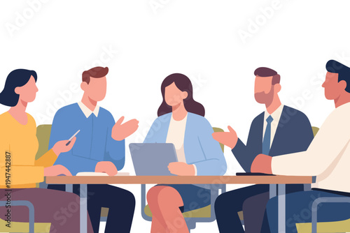 Five business professionals in meeting around table, using laptop and smartphone, engaged in discussion, stylized vector illustration of teamwork and collaboration.
