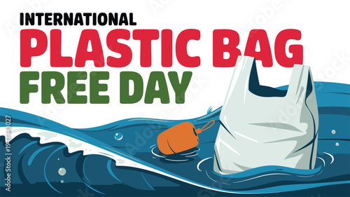 Pollution message with plastic bag and orange buoy floating on ocean