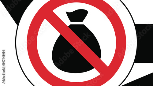 Prohibition sign over a black money bag on checkered background