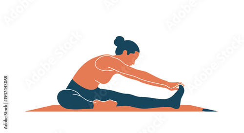 Minimalist vector graphic shows a woman performing a seated forward bend yoga pose for wellness.