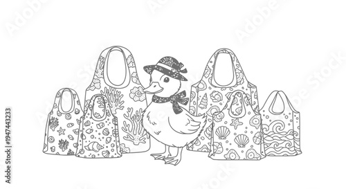 Duckling in Hat Surrounded by Beach-Themed Tote Bags.