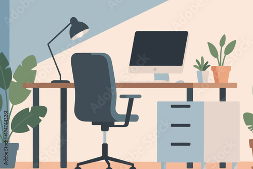 Modern minimalist home office with wooden desk, ergonomic chair, desktop computer, lamp and plants, geometric wall design, stylized vector illustration of workspace and productivity.
