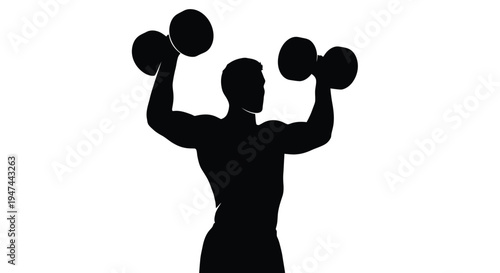 Muscular silhouette vector graphic illustration of a bodybuilder performing an overhead dumbbell press exercise