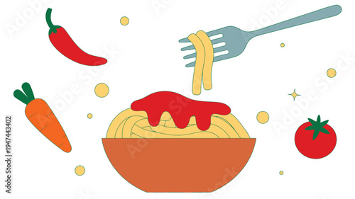 Spaghetti with red sauce fork and fresh vegetables flat style