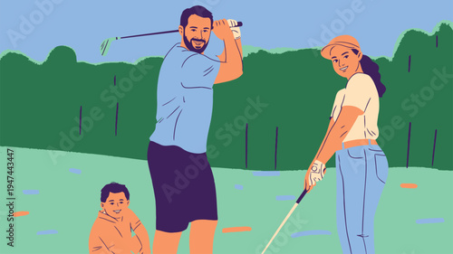 Smiling family happily playing golf together on a beautiful sunny green course