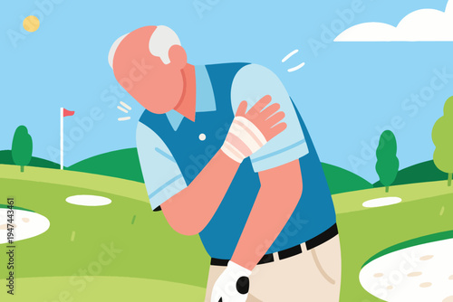 Older golfer clutching injured shoulder on course with bandage, stylized vector illustration of sports injury, wellness awareness and outdoor lifestyle.