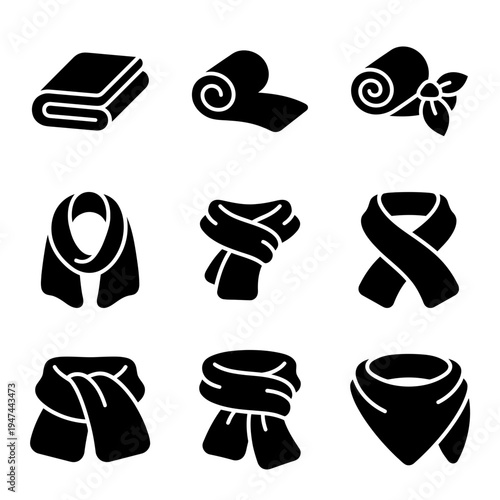 Scarf towel and neckwear solid glyph icons set.