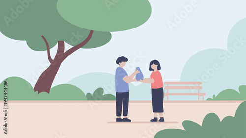 Two individuals exchanging a blue package in a peaceful park environment