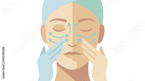 Calm Facial Massage Demonstration With Contour Lines For Skincare. Vector Illustrations. EPS Editable