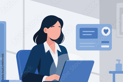 Businesswoman in navy suit working on laptop with floating digital interface, stylized vector illustration of modern office, technology and professional communication.