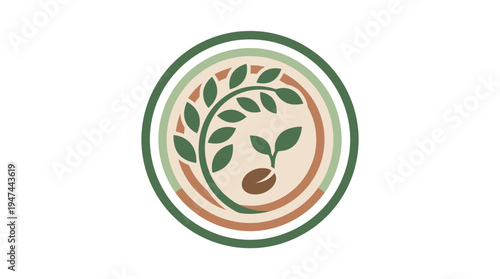 Circular Eco Logo Featuring Plant Sprout and Leaves. Vector Illustrations. EPS Editable