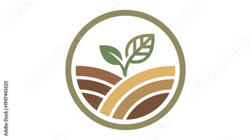 Circular Logo With Plant Sprout On Field Emblem. Vector Illustrations. EPS Editable